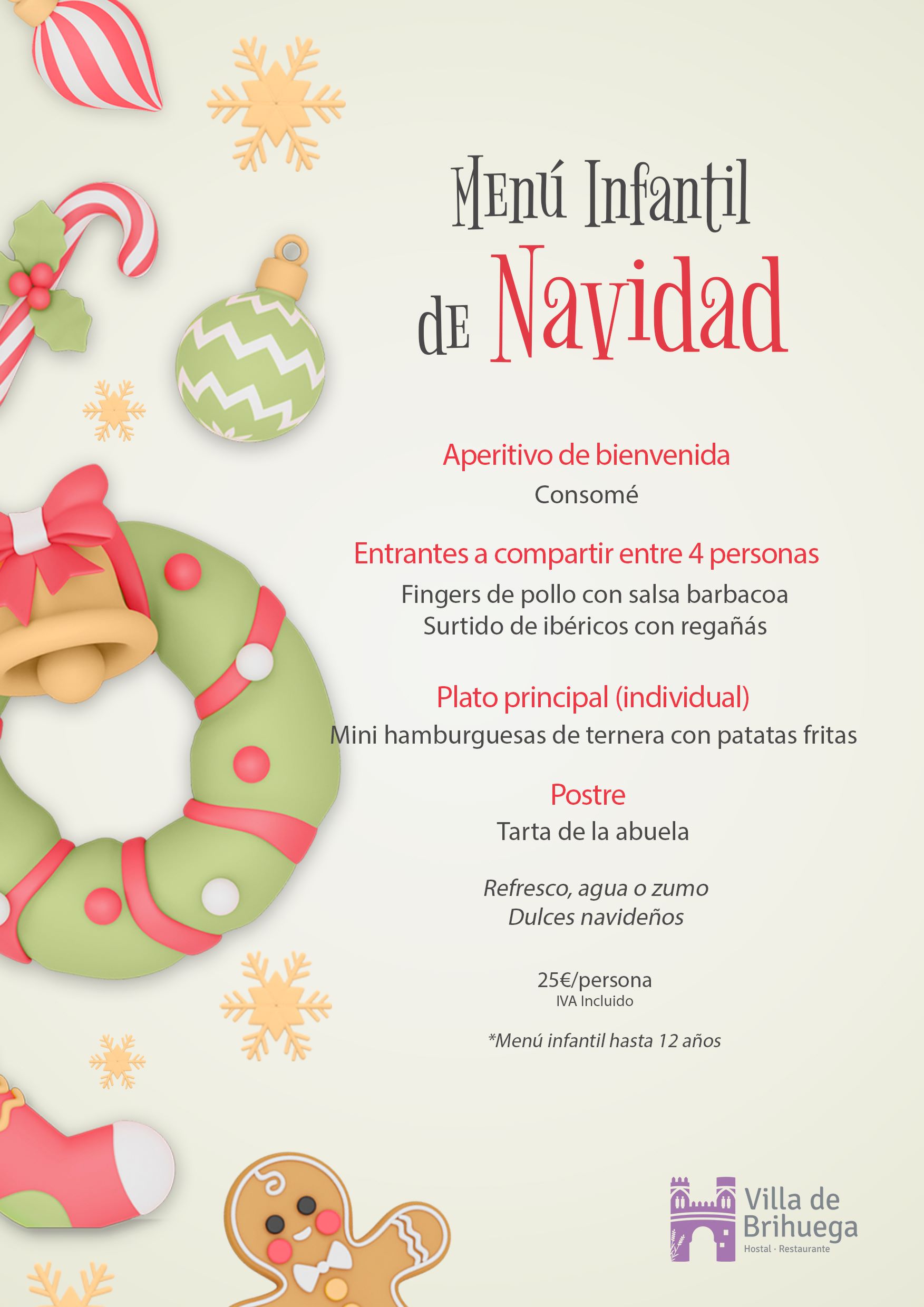 Menú infantil 25 de Diciembre 2024 Restaurante Villa de Brihuega.