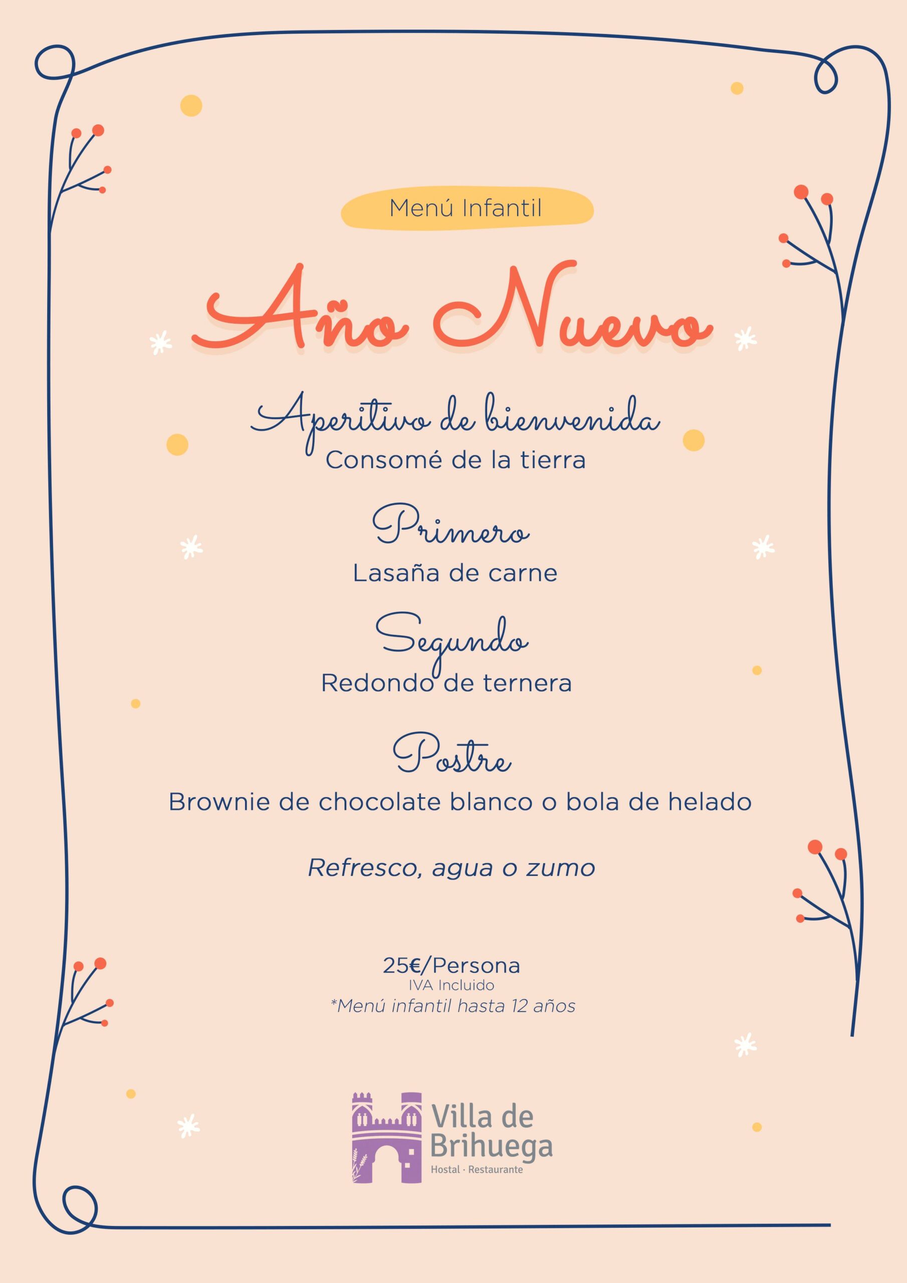 Menú infantil de Año Nuevo restaurante Villa de Brihuega.