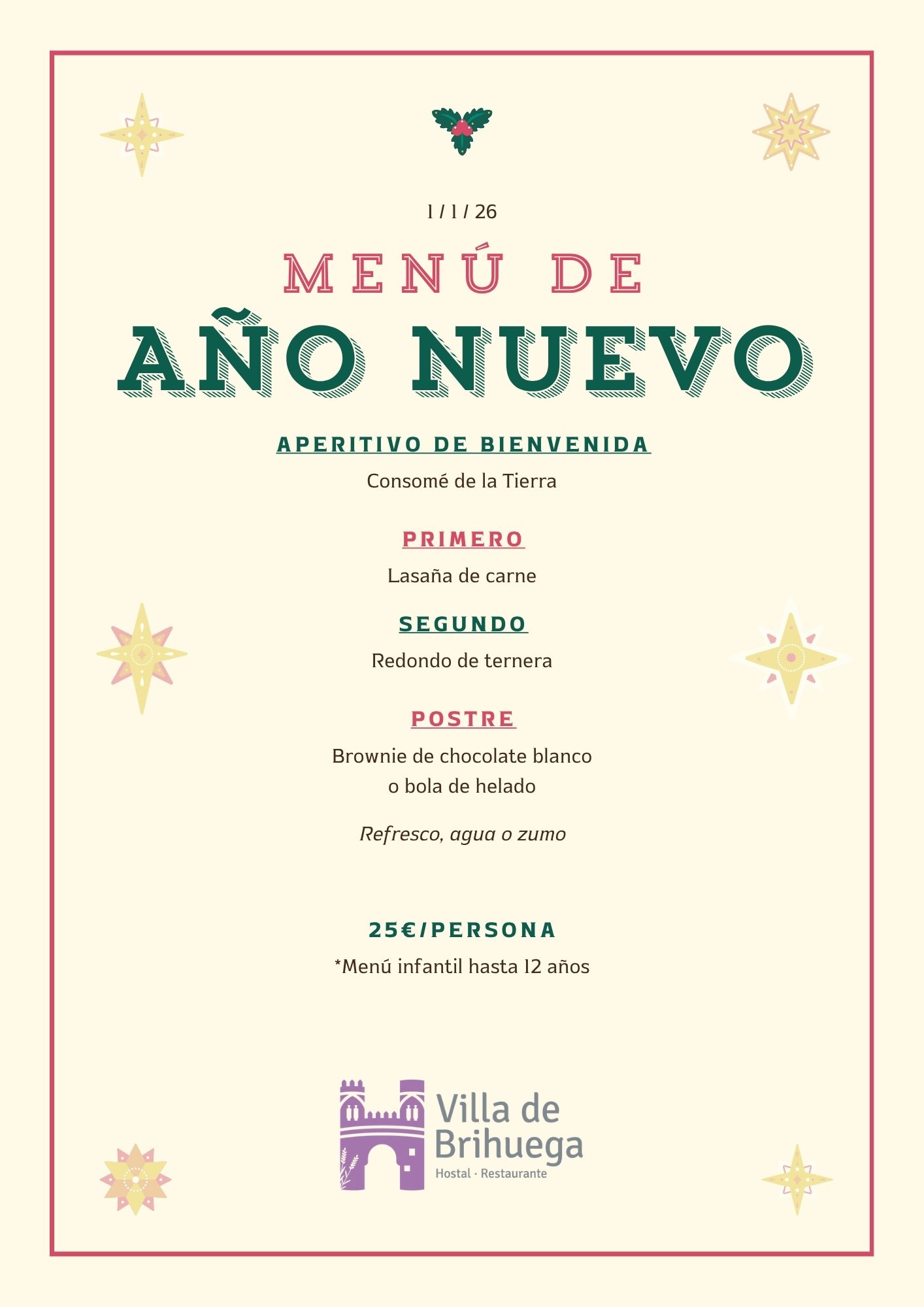 Menú infantil de Año Nuevo Villa de Brihuega.